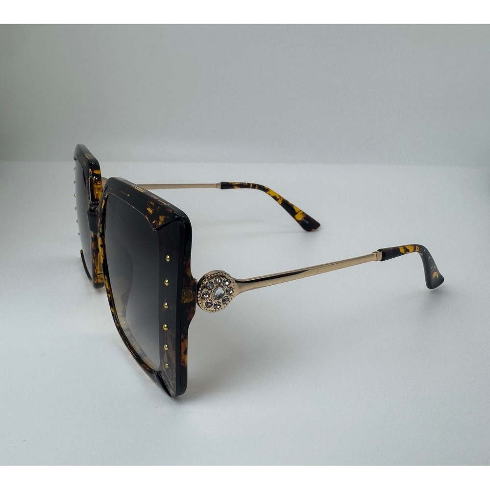 Oversized Square Tortoiseshell Sunglasses Gold Stud Crystal Medallion UV400 - Picture 2 of 5